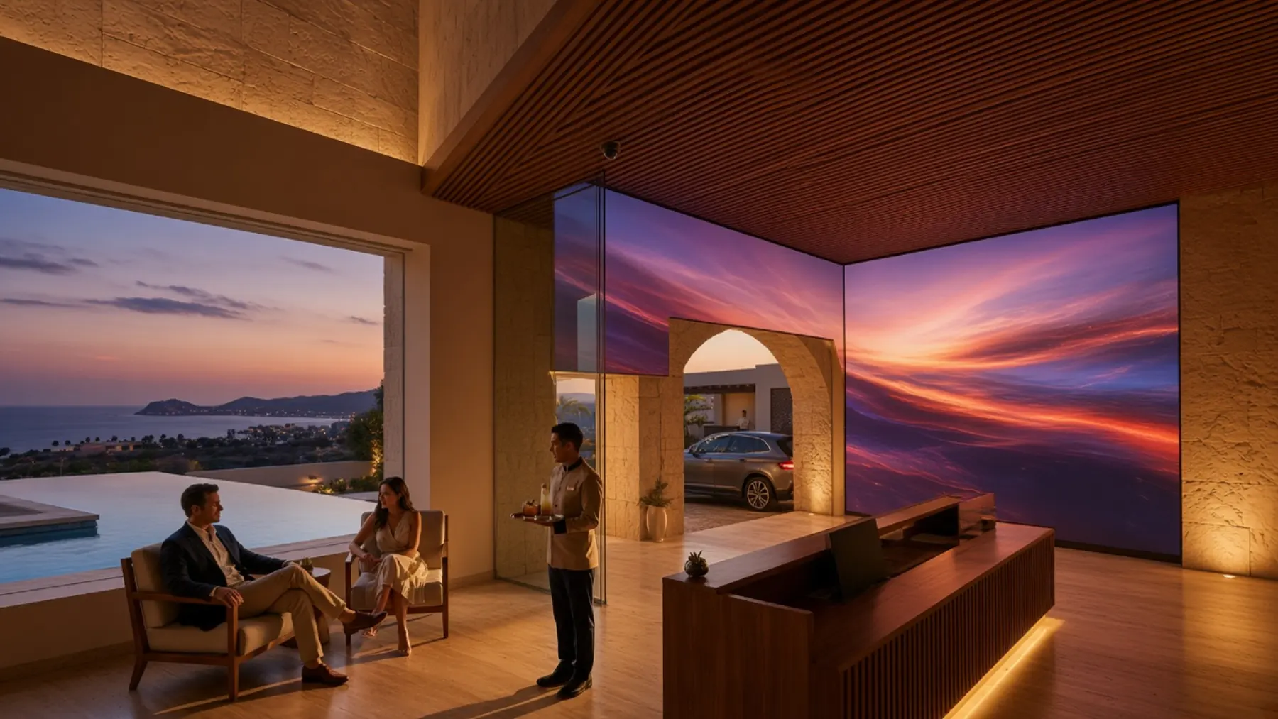 Videowall de piso a techo en el lobby de un hotel, con una imagen continua de atardecer.