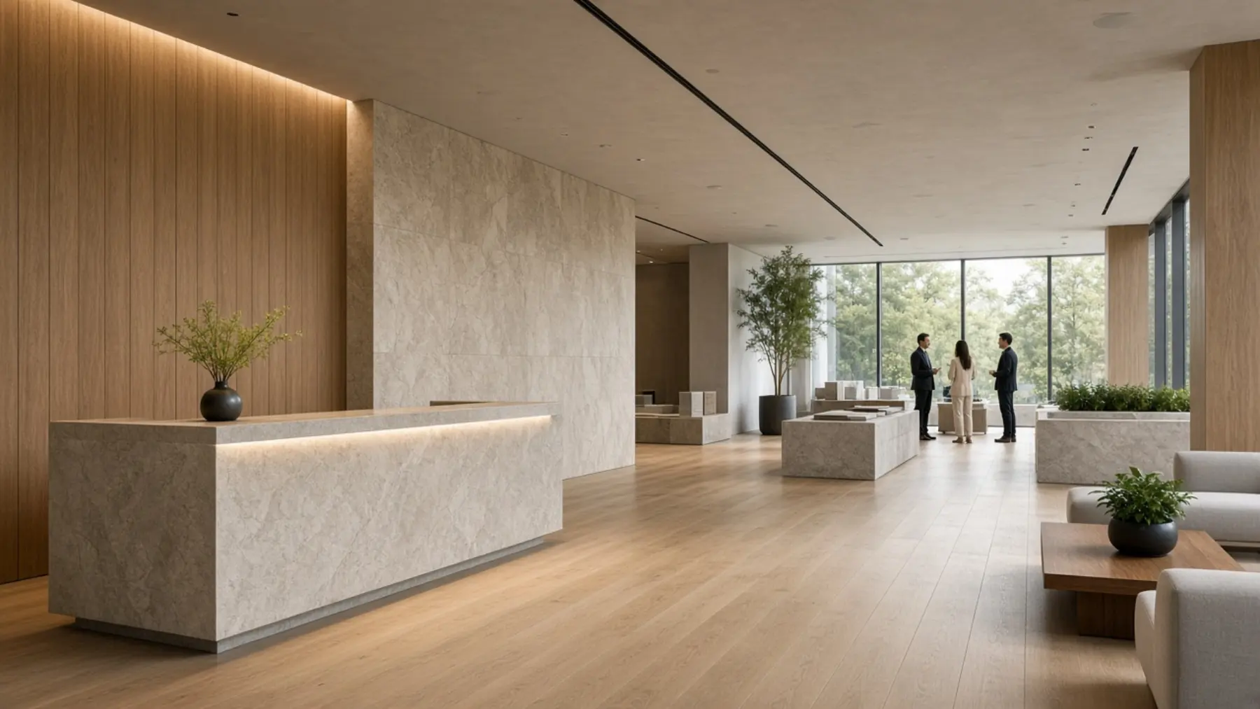 Recepción amplia de un espacio comercial, con piedra, madera y un pequeño grupo conversando.