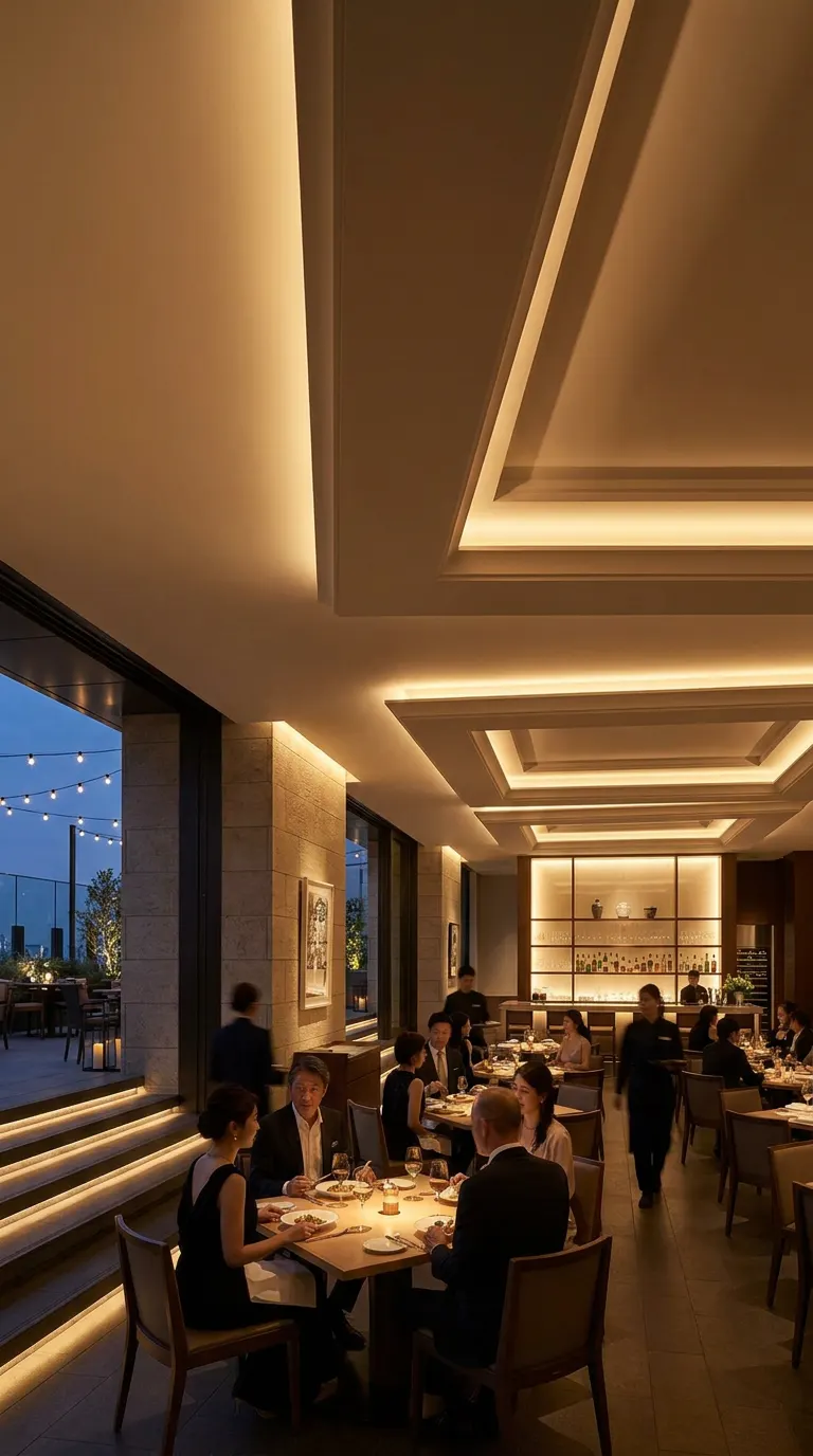 Restaurante en servicio, con comensales, barra iluminada y plafón arquitectónico.