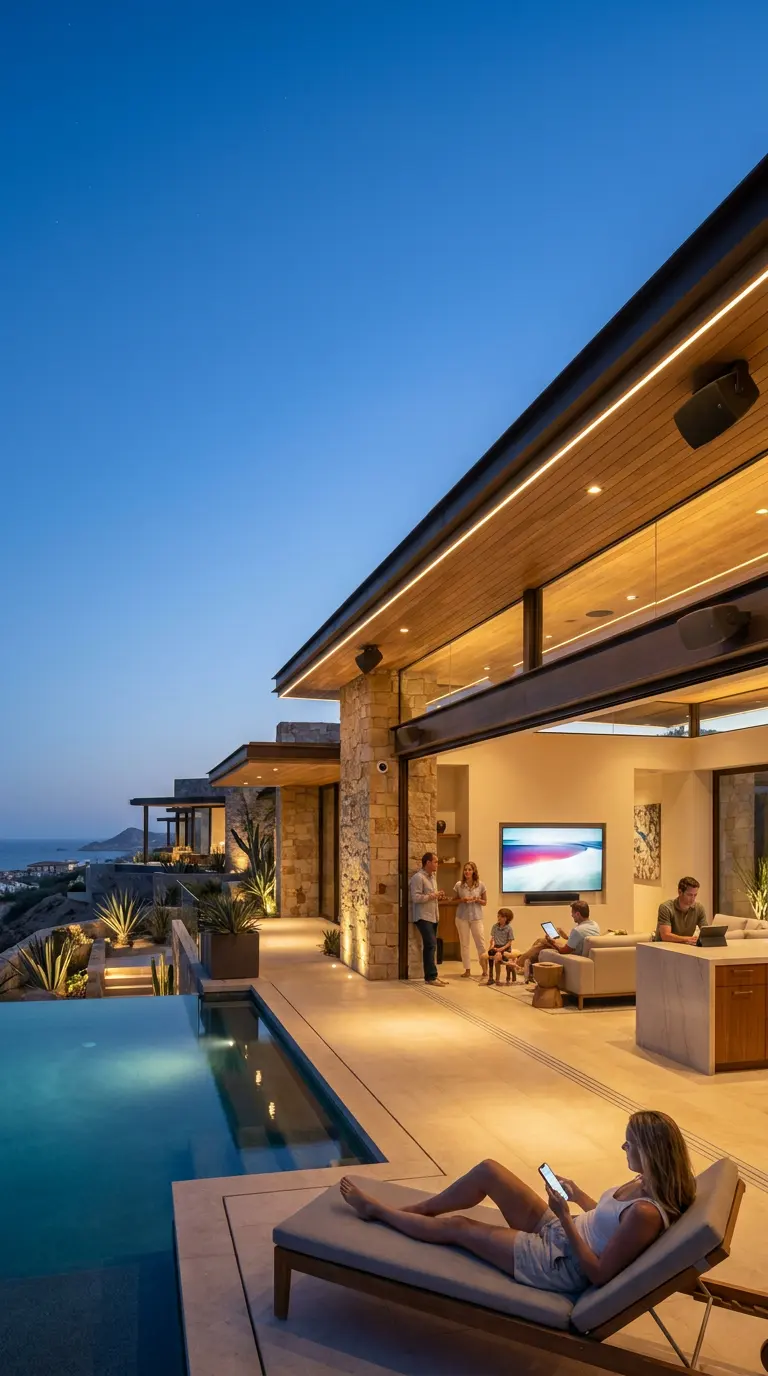 Terraza de una residencia al anochecer, con la sala abierta y la alberca todavía en uso.