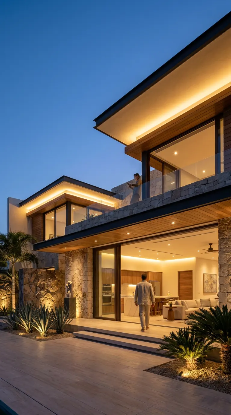 Casa contemporánea de noche, con iluminación cálida en voladizos, interior y jardín.