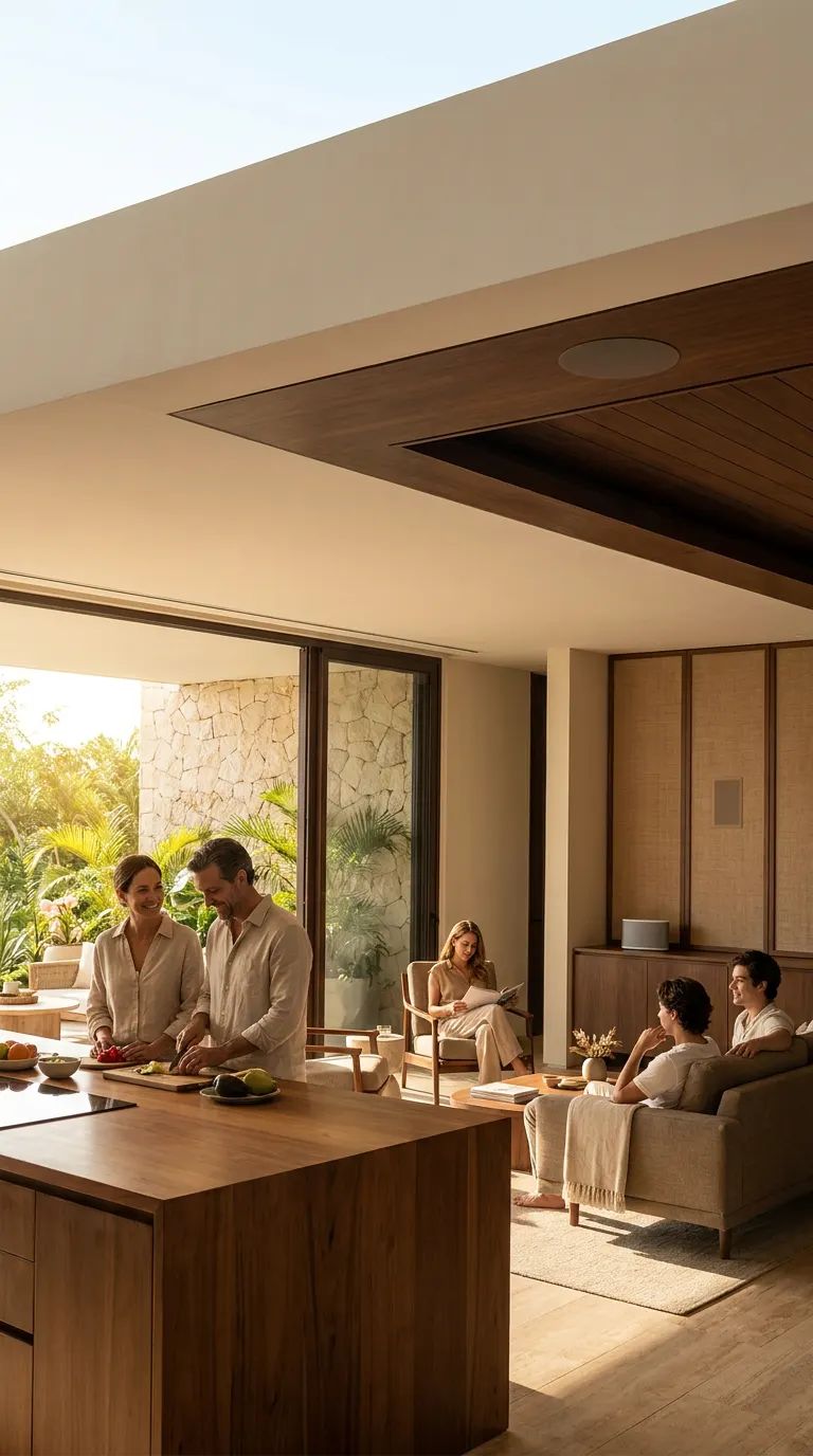 Sala y cocina abiertas, con bocina de plafón y sonido de pared integrados a la arquitectura.